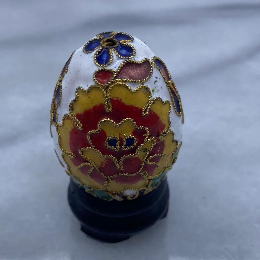 Cloisonne Enamel Floral Miniature Decorative Egg White Red Gold Stand Art Easter